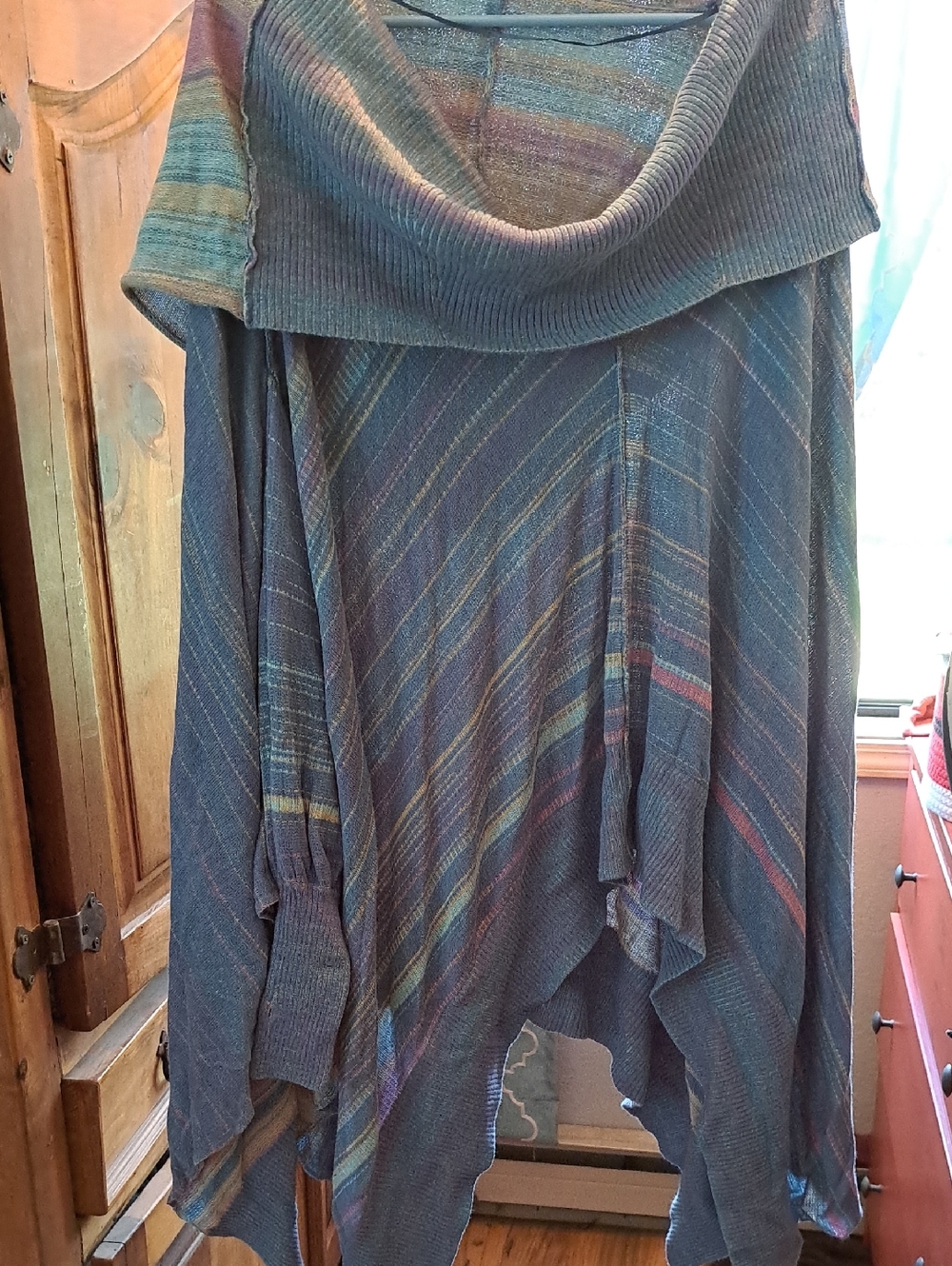Free People Multicolor Striped Off-the-Shoulder Poncho Sweater With Thumb Holes